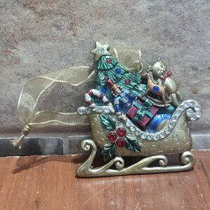 Vintage Santa Sleigh Loaded with Gifts Metal Ornament